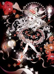Rule 34 | 1girl, albino, bad id, bad pixiv id, bare shoulders, black background, closed mouth, colored skin, commentary request, floating hair, flower, frilled skirt, frills, gloves, hair flower, hair ornament, hat, high heels, highres, long hair, looking at viewer, mamaloni, original, red eyes, red flower, red footwear, red rose, red skirt, rose, scar, single glove, skirt, solo, thick eyebrows, white gloves, white hair, white skin, winged hat, wings