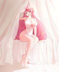 Rule 34 | 1girl, 271, absurdres, arm up, bad feet, barefoot, blush, breasts, cleavage, curtains, full body, hair bun, highres, indoors, large breasts, long hair, looking at viewer, luck &amp; logic, on bed, open mouth, pink eyes, pink hair, sitting, smile, solo, venus (luck &amp; logic), very long hair