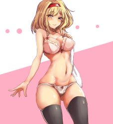 Rule 34 | 1girl, alice margatroid, amagi (amagi626), bare shoulders, black thighhighs, blonde hair, blue eyes, blush, bow, bow bra, bow panties, bra, breasts, cleavage, collarbone, commentary request, eyelashes, gluteal fold, hairband, holding, holding towel, large breasts, light smile, lips, lolita hairband, navel, panties, pink bra, pink panties, red hairband, short hair, sidelocks, solo, standing, thighhighs, thighs, touhou, towel, underwear, underwear only