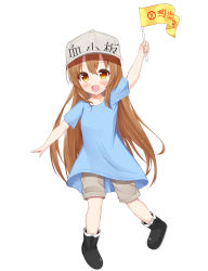 Rule 34 | 10s, 1girl, :d, absurdres, arm up, black footwear, blue shirt, blush, boots, brown eyes, brown hair, character name, clothes writing, collarbone, commentary request, flag, flat cap, full body, grey hat, grey shorts, hair between eyes, hat, hataraku saibou, highres, holding, holding flag, long hair, open mouth, platelet (hataraku saibou), roido (taniko-t-1218), shirt, short shorts, short sleeves, shorts, simple background, smile, solo, very long hair, white background