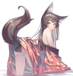 Rule 34 | 1girl, all fours, animal ear fluff, animal ears, ass, bare shoulders, black panties, blush, breasts, brown eyes, brown hair, clothes lift, fox ears, fox girl, fox tail, from behind, highres, japanese clothes, kimono, kimono lift, long hair, looking at viewer, looking back, medium breasts, off shoulder, original, panties, red kimono, shiro youduki, simple background, solo, tail, thighs, underwear, water, wet, wet kimono