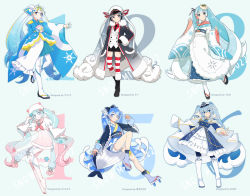 Rule 34 | 6+girls, :o, agonasubi, ahoge, aqua background, aqua eyes, aqua hair, aqua ribbon, aqua skirt, arm behind back, artist name, badge, barefoot, beads, black coat, black footwear, black gloves, black neckwear, black shorts, blouse, blue dress, blue eyes, blue hair, blue kimono, blue legwear, blue skirt, boots, borrowed design, bow, braid, buttons, character name, clam shell, coat, collar, collared shirt, colored tips, commentary, contrapposto, crab print, double-breasted, dress, eighth note, epaulettes, food-themed hair ornament, foreshortening, frilled dress, frills, full body, fur-trimmed boots, fur-trimmed coat, fur-trimmed kimono, fur trim, geta, gloves, gradient hair, hair beads, hair bow, hair ornament, hair ribbon, hair stick, hand in own hair, hand on own hip, hand up, hat, hat with ears, hatsune miku, highres, jacket, jacket on shoulders, japanese clothes, kimono, knee boots, lace-trimmed sleeves, lace trim, layered clothes, layered dress, layered kimono, leg ribbon, leg up, light blue hair, long hair, looking at viewer, military, military uniform, miniskirt, multicolored hair, multiple girls, multiple persona, musical note, musical note print, naval uniform, neckerchief, necktie, open mouth, outstretched arm, peaked cap, petticoat, pink collar, pink hair, pink kimono, pink neckwear, pink pupils, pink ribbon, pink skirt, pleated skirt, pocket, pom pom (clothes), red hair, red legwear, red ribbon, red shirt, ribbon, roe, sailor collar, sailor hat, sandals, scallop, see-through, see-through skirt, seigaiha, shell hair ornament, shirt, shiso (plant), short shorts, shorts, sideways glance, skirt, sleeves past wrists, smile, snow print, snowflake print, staff (music), standing, standing on one leg, star (symbol), star hair ornament, star print, striped clothes, striped legwear, striped thighhighs, tabi, thighhighs, twintails, uniform, very long hair, vocaloid, wasabi, white footwear, white hair, white headwear, white jacket, white kimono, white legwear, white shirt, wide sleeves, yuki miku, yuki miku (2022), zettai ryouiki, zouri