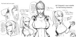 Rule 34 | 1girl, annoyed, artist self-insert, ass, ball busting, bdsm, bodysuit, breasts, cbt, collage, collarbone, frown, greyscale, highres, huge breasts, metroid, monochrome, nintendo, open mouth, ponytail, samus aran, skin tight, solo, spacezin, testicle grab, testicles, text focus, translated, tsurime, weapon, zero suit