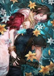 Rule 34 | 1boy, 1girl, aerith gainsborough, armor, belt, blonde hair, blue pants, blue shirt, bracelet, brown hair, closed eyes, cloud strife, couple, cropped jacket, dress, earrings, final fantasy, final fantasy vii, final fantasy vii remake, flower, hair down, hair flower, hair ornament, halu-ca, hand in another&#039;s hair, highres, holding hands, jacket, jacket partially removed, jewelry, long dress, long hair, multiple belts, pants, parted bangs, parted lips, partially submerged, pink dress, red jacket, shirt, shoulder armor, single earring, sleeveless, sleeveless turtleneck, smile, spiked hair, strap slip, suspenders, turtleneck, upper body, white flower, yellow flower
