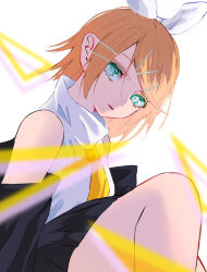 Rule 34 | 1girl, alternate costume, blonde hair, bow, detached sleeves, green eyes, hair between eyes, hair bow, hair ornament, hairclip, highres, izmtyan, kagamine rin, looking at viewer, medium hair, necktie, simple background, skirt, solo, upper body, vocaloid, white background