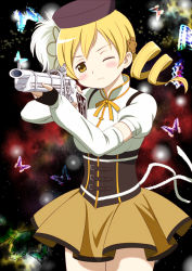 Rule 34 | 10s, 1girl, beret, blonde hair, breasts, bug, butterfly, cap (dkdm-d), corset, drill hair, gun, hair ornament, hat, insect, magical girl, magical musket, mahou shoujo madoka magica, mahou shoujo madoka magica (anime), one eye closed, pleated skirt, skirt, solo, tomoe mami, weapon, wink, yellow eyes