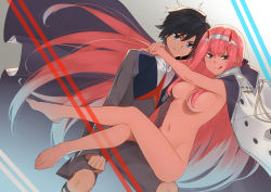 Rule 34 | 10s, 1boy, 1girl, :q, arms around neck, barefoot, black hair, blue eyes, breasts, clothed male nude female, coat, convenient censoring, couple, crossed legs, darling in the franxx, feet, floating hair, green eyes, grey hairband, grey shirt, grey shorts, groin, hair between eyes, hair censor, hairband, highres, hiro (darling in the franxx), long hair, looking at viewer, medium breasts, midori (mido0021), multicolored hair, naked coat, navel, nude, pink hair, shirt, shorts, silver hair, smile, toes, tongue, tongue out, two-tone hair, uniform, very long hair, zero two (darling in the franxx)