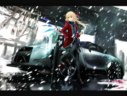 Rule 34 | 1girl, alternate costume, bad id, bad pixiv id, black legwear, black shirt, blizzard, blonde hair, bow, brown footwear, car, contemporary, cup, disposable coffee cup, disposable cup, flandre scarlet, hair bow, hand in pocket, highres, hood, hooded jacket, jacket, letterboxed, light trail, long sleeves, motor vehicle, nissan, nissan gt-r, no headwear, red jacket, reflection, rocket launcher, scarf, shirt, shoes, short hair, side ponytail, sitting, skirt, snow, solo, starbucks, steam, swav, tosk (swav-coco), touhou, vehicle, vehicle focus, weapon, weapon request, wind, wings