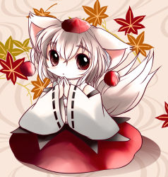 Rule 34 | 1girl, animal ears, colorized, female focus, hat, highres, inubashiri momiji, japanese clothes, looking at viewer, short hair, solo, tail, tokin hat, touhou, wolf ears, wolf tail, yume shokunin