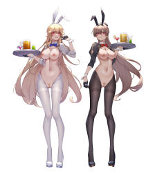 Rule 34 | 2girls, absurdres, alternate costume, animal ears, arm up, azur lane, black footwear, black gloves, black pantyhose, blonde hair, blue bow, blue bowtie, blush, bow, bowtie, breasts, brown hair, cleavage, commentary request, detached collar, earrings, fake animal ears, female pubic hair, gloves, gluteal fold, hair between eyes, half gloves, high heels, highres, holding, holding tray, jean bart (azur lane), jewelry, large breasts, long hair, meme attire, multiple girls, navel, nipples, pantyhose, pubic hair, pussy, rabbit ears, red bow, red bowtie, red eyes, reverse bunnysuit, reverse outfit, richelieu (azur lane), simple background, strapless, thigh gap, thighband pantyhose, tray, v, white background, white footwear, white pantyhose, wrist cuffs, wsfw