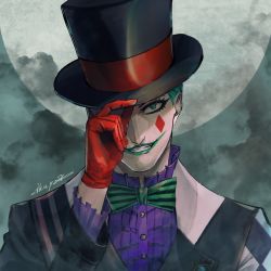 Rule 34 | 1boy, asymmetrical clothes, bow, bowtie, clown, commentary, eyelashes, eyeliner, facial mark, formal, gem (symbol), gloves, green bow, green hair, green lips, grin, hand on headwear, hat, highres, ikuyoan, joe rikiichi, looking at viewer, makeup, male focus, moon, nijisanji, outdoors, red gloves, signature, smile, striped, striped bow, striped suit, suit, top hat, upper body, virtual youtuber