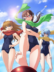 Rule 34 | 00s, 3girls, ahoge, ayanami rei, barefoot, blue eyes, blue hair, blue one-piece swimsuit, blue sky, breasts, brown hair, cameltoe, chibi, cloud, contrail, covered erect nipples, covered navel, crossed arms, crotch, day, expressionless, feet, floating hair, foot focus, from below, glasses, green eyes, hair between eyes, hair ornament, hairband, hand on own hip, hands on thighs, large breasts, leg up, lens flare, long hair, looking afar, looking at viewer, looking down, makinami mari illustrious, mass production eva, medium breasts, multiple girls, naughty face, neon genesis evangelion, one-piece swimsuit, outdoors, pale skin, parted bangs, parted lips, rebuild of evangelion, red eyes, scarf, school swimsuit, scrunchie, sexually suggestive, short hair, sky, smile, soles, souryuu asuka langley, standing, swimsuit, tadano akira, thigh gap, twintails, wind