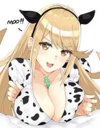Rule 34 | 1girl, animal print, bed, bed sheet, blonde hair, blush, breast suppress, breasts, chest jewel, cleavage, covered erect nipples, cow girl, cow print, gem, hair ornament, headpiece, highres, horns, j@ck, jewelry, large breasts, long hair, looking at viewer, matching hair/eyes, mythra (xenoblade), nipples, open mouth, simple background, single horn, smile, solo, swept bangs, swimsuit, tiara, very long hair, white background, xenoblade chronicles (series), xenoblade chronicles 2, yellow eyes
