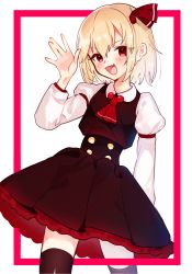 Rule 34 | 1girl, adapted costume, ascot, bad id, bad pixiv id, black dress, black thighhighs, blonde hair, border, commentary, cowboy shot, dress, fang, hair ribbon, hand up, highres, long sleeves, looking at viewer, medium hair, open mouth, pink border, red ascot, red eyes, red ribbon, ribbon, rumia, shirt, skin fang, smile, solo, suikario, thighhighs, touhou, white shirt, ||/