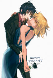 Rule 34 | 1boy, 1girl, absurdres, arm around neck, ass grab, backless dress, backless outfit, bare arms, black hair, black jacket, black necktie, black pants, blonde hair, blue dress, cagalli yula athha, collared shirt, copyright name, dress, evening gown, gundam, gundam seed, gundam seed destiny, hetero, highres, jacket, leaning back, long hair, long sleeves, looking at viewer, necktie, open mouth, pants, red eyes, red shirt, she (morianosu), shinn asuka, shirt, short hair, simple background, sleeveless, sleeveless dress, straight hair, white background, wing collar, yellow eyes