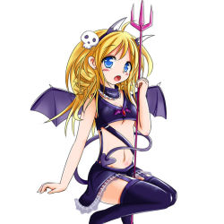 Rule 34 | 1girl, adda, blonde hair, blue eyes, breasts, demon girl, demon tail, demon wings, holding, holding polearm, holding spear, holding weapon, long hair, medium breasts, navel, original, polearm, purple thighhighs, simple background, solo, spear, tail, thighhighs, weapon, white background, wings