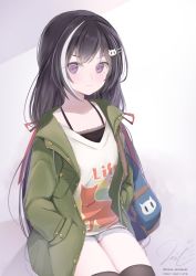 Rule 34 | &gt;:(, 1girl, animal print, bag, black hair, black thighhighs, blush, cat hair ornament, cat print, closed mouth, clothes writing, commentary request, green jacket, grey shorts, hair ornament, hair ribbon, hairclip, hands in pockets, highres, jacket, karyl (princess connect!), karyl (real) (princess connect!), light frown, long hair, looking at viewer, low twintails, multicolored hair, open clothes, open jacket, pixiv id, princess connect!, print shirt, purple eyes, red ribbon, ribbon, shirt, short shorts, shorts, signature, sitting, solo, streaked hair, teratsuki, thighhighs, twintails, twitter username, v-shaped eyebrows, very long hair, white hair, white shirt
