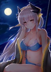 Rule 34 | 1girl, bare shoulders, bikini, blue bikini, breasts, cleavage, collarbone, fate/grand order, fate (series), full moon, halterneck, highres, horns, kiyohime (fate), kiyohime (swimsuit lancer) (third ascension) (fate), large breasts, light smile, long hair, looking at viewer, moon, navel, night, night sky, outdoors, red eyes, silver hair, sky, smile, solo, swimsuit, tomo (tomojo 8), very long hair, water, wet