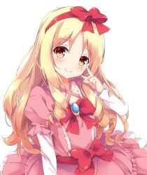 Rule 34 | 10s, 1girl, arm at side, ascii media works, blonde hair, blush, bow, bowtie, brooch, brown eyes, closed mouth, collarbone, commentary request, dress, drill hair, eromanga sensei, flat chest, fuuna, hair bow, hairband, head tilt, highres, jewelry, layered dress, layered sleeves, long hair, long sleeves, looking at viewer, parted bangs, pink dress, puffy short sleeves, puffy sleeves, red bow, red bowtie, red hairband, short over long sleeves, short sleeves, simple background, smile, solo, tareme, twin drills, upper body, v, white background, yamada elf
