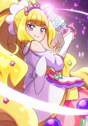 Rule 34 | 1girl, absurdres, blonde hair, blue eyes, blunt bangs, bow, commentary, cure finale, delicious party precure, dress, high ponytail, highres, kasai amane, long hair, magical girl, precure, sidelocks, smile, solo, tiara, white bow, white dress, zerolay