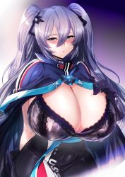 Rule 34 | 1girl, absurdres, alternate breast size, azur lane, blue eyes, blush, bra, breasts, breasts out, cape, cleavage, commission, dress, gloves, grey hair, hair between eyes, hand on own chest, highres, huge breasts, intrepid (azur lane), lace, lace-trimmed bra, lace trim, light purple hair, long hair, looking at viewer, nori (artist), purple bra, purple cape, purple gloves, simple background, solo, taut clothes, taut dress, twintails, underwear