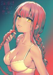 Rule 34 | 1girl, bra, braid, braided ponytail, breasts, chainsaw man, cleavage, holding, holding leash, leash, long hair, looking at viewer, makima (chainsaw man), medium breasts, paid reward available, parted lips, red hair, ringed eyes, sayori (neko works), sidelocks, smile, solo, two-tone background, underwear, upper body, white bra, yellow eyes