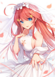 Rule 34 | 1girl, ahoge, bare shoulders, bison cangshu, blue eyes, blush, breasts, bridal veil, bride, cleavage, cleavage cutout, clothing cutout, collarbone, dress, go-toubun no hanayome, hair between eyes, hair ornament, halter dress, halterneck, hand on own chest, highres, long hair, looking at viewer, medium breasts, nakano itsuki, parted lips, red hair, sidelocks, sleeveless, sleeveless dress, smile, solo, star (symbol), star cutout, star hair ornament, veil, wedding dress, white dress