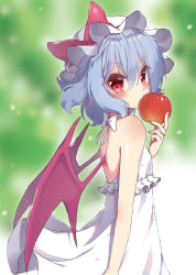 Rule 34 | 1girl, apple, bare arms, bare back, bare shoulders, bat wings, beni kurage, blue hair, blurry, blurry background, blush, bow, commentary request, cowboy shot, dress, food, frills, fruit, gradient background, green background, hair between eyes, halterneck, hand up, hat, hat bow, highres, holding, holding food, holding fruit, looking at viewer, mob cap, nail polish, pink nails, red bow, red eyes, remilia scarlet, shiny skin, short hair, solo, standing, touhou, white background, white dress, white hat, wings