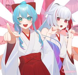 Rule 34 | animal ears, bare shoulders, blue eyes, blue hair, braid, commission, detached sleeves, hakama, hakama skirt, highres, japanese clothes, looking at viewer, multicolored hair, nontraditional miko, open mouth, original, paw pose, pointing, pointing at viewer, purple hair, red eyes, red hair, red hakama, red nails, signature, skeb commission, skirt, streaked hair, tebamaru, two-tone hair, upper body, white hair
