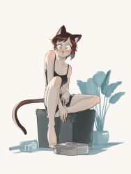 Rule 34 | absurdres, akiko (vakiko6), animal ears, barefoot, black shorts, black tank top, bottle, cat ears, cat tail, collarbone, commentary, english commentary, feet, full body, furry, furry female, highres, knee up, looking at viewer, original, plant, potted plant, robotic vacuum cleaner, shorts, sitting, tail, tank top, toes