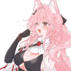 Rule 34 | 1girl, ;o, animal ear fluff, animal ears, arknights, bare shoulders, bikini, bikini top only, black bikini, black gloves, blush, bracelet, braid, breasts, cleavage, covering own mouth, earrings, elbow gloves, extra ears, eyes visible through hair, fingerless gloves, flower, gloves, hair intakes, hair ornament, highres, jewelry, large breasts, long hair, maiq06, one eye closed, open mouth, pink hair, pozyomka (arknights), red eyes, red flower, red rose, rose, simple background, solo, swimsuit, tears, twin braids, upper body, white background, wolf ears, yawning