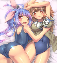 Rule 34 | 10s, 2girls, all fours, armpit peek, ass, blue hair, breasts, brown eyes, brown hair, covered navel, fang, groin, groping, hair ribbon, hairband, i-19 (kancolle), i-26 (kancolle), kantai collection, large breasts, light brown hair, long hair, lying, multiple girls, name tag, new school swimsuit, old school swimsuit, one-piece swimsuit, red eyes, ribbon, ruku rx, sailor collar, school swimsuit, shiny skin, short sleeves, star-shaped pupils, star (symbol), swimsuit, swimsuit under clothes, symbol-shaped pupils, tri tails, twintails, two-tone hairband, two side up