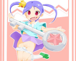 Rule 34 | 1girl, blush, cello (20000), cleft of venus, crown, delichi, fang, female focus, key, open mouth, panties, panty pull, purple hair, pussy, red eyes, shoes, socks, solo, thighs, twintails, uncensored, underwear, zakuzaku actors