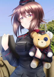 Rule 34 | 1girl, black hat, black jacket, blue sky, boko (girls und panzer), brown eyes, brown hair, clear sky, clipboard, commentary, day, dress shirt, garrison cap, girls und panzer, hat, highres, holding, holding clipboard, holding stuffed toy, insignia, jacket, kuromorimine military uniform, long sleeves, looking at viewer, military hat, military uniform, military vehicle, motor vehicle, nishizumi maho, outdoors, parted lips, power lines, red shirt, redbaron, shirt, short hair, sky, solo, stuffed animal, stuffed toy, tank, teddy bear, tiger i, twitter username, uniform, wing collar