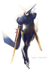 Rule 34 | 1boy, android, armor, blade, blue armor, brigadoon, closed mouth, collarbone, dated, full body, gun, male focus, melan blue, navel, pauldrons, red eyes, shin (sinsin12121), shoulder armor, signature, simple background, solo, weapon, white background, wings