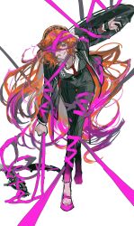 Rule 34 | 1girl, absurdres, arm shield, belt, black belt, black jacket, black pants, black suit, black vest, bound, bow, formal, full body, grin, hair bow, hairband, highres, holding, holding ribbon, ishmael (project moon), jacket, leaning forward, limbus company, long hair, orange hair, pants, pink footwear, pink pupils, pink ribbon, pink shoes (project moon), project moon, remsrar, ribbon, shield, shirt, shoes, sidelocks, simple background, smile, solo, suit, tied up (nonsexual), vest, white background, white bow, white shirt