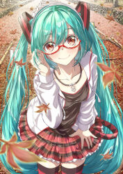 Rule 34 | 1girl, alternate eye color, aqua hair, autumn, autumn leaves, black shirt, closed mouth, collarbone, cowboy shot, day, glasses, grey nails, hair ornament, hatsune miku, highres, jacket, jewelry, leaf, leaning forward, long hair, long sleeves, looking at viewer, maple leaf, miniskirt, nail polish, necklace, open clothes, open jacket, outdoors, plaid, plaid skirt, pleated skirt, qussie, red-framed eyewear, red eyes, red skirt, semi-rimless eyewear, shirt, skirt, smile, solo, standing, striped clothes, striped thighhighs, thighhighs, twintails, under-rim eyewear, very long hair, vocaloid, white jacket, zettai ryouiki