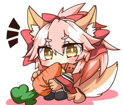 Rule 34 | 1girl, ^^^, animal ears, animal hands, bell, black thighhighs, blush, carrot, chibi, collar, eating, fate/grand order, fate (series), food, fox ears, fox tail, hair ribbon, jako (jakoo21), long hair, looking at viewer, neck bell, open mouth, pink hair, ribbon, solo, tail, tamamo (fate), tamamo cat (fate), tamamo cat (first ascension) (fate), tamamo no mae (fate/extra), thighhighs, vegetable, yellow eyes