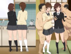 Rule 34 | 2boys, 2girls, age difference, amagami, balding, barefoot, black hair, black neckwear, grabbing another&#039;s breast, breasts, brown hair, censored, clothed female nude male, completely nude, cottage, erection, fat, fat man, faucet, from behind, full body, grabbing, grabbing from behind, grey skirt, censored, hetero, highres, identity censor, indoors, itou kanae (amagami), kitchen, medium breasts, medium hair, miniskirt, mosaic censoring, multiple boys, multiple girls, necktie, no shoes, nude, penis, pleated skirt, sakurai rihoko, school uniform, shouji, skirt, sliding doors, socks, tagme, tatami, wooden floor