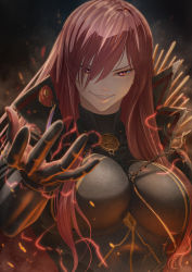 Rule 34 | 1girl, black gloves, bodysuit, breasts, cape, chain, electricity, evil grin, evil smile, fate/grand order, fate (series), gloves, grin, hair over one eye, highres, imizu (nitro unknown), large breasts, long hair, looking at viewer, oda nobunaga (fate), oda nobunaga (maou avenger) (fate), popped collar, red eyes, red hair, smile, smoke, solo, underbust, upper body