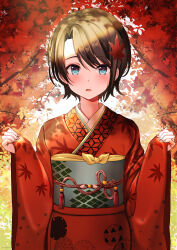 Rule 34 | 1girl, absurdres, blue eyes, brown hair, highres, hololive, japanese clothes, kimono, leaf, leaf print, light blush, long sleeves, looking at viewer, maple leaf, maple leaf print, oozora subaru, open mouth, outdoors, red kimono, sleeves past wrists, solo, standing, towrituka, virtual youtuber, wide sleeves