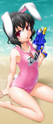 Rule 34 | 1girl, animal ears, arm support, bare shoulders, barefoot, beach, black hair, carrot, carrot necklace, covered navel, female focus, gun, henshako, highres, inaba tewi, jewelry, kneeling, looking at viewer, necklace, one-piece swimsuit, pendant, pink one-piece swimsuit, rabbit ears, rabbit girl, rabbit tail, red eyes, school swimsuit, shiny clothes, short hair, skindentation, solo, swimsuit, tail, touhou, water, water gun, weapon, wet, wet clothes