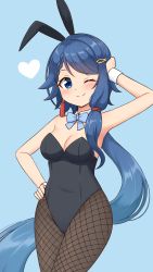 Rule 34 | 1girl, ;), absurdres, animal ears, arm up, bare shoulders, black leotard, black pantyhose, blue background, blue bow, blue bowtie, blue eyes, blue hair, bow, bowtie, braid, breasts, commentary, cowboy shot, detached collar, earrings, fishnet pantyhose, fishnets, hair ornament, hairclip, heart, highres, jewelry, leotard, long hair, looking at viewer, low twintails, medium breasts, one eye closed, pantyhose, playboy bunny, project gen2, rabbit ears, shiraha maru, side braid, simple background, single sidelock, smile, solo, tassel, tassel earrings, tsubasa aiba, twintails, very long hair, virtual youtuber, wrist cuffs
