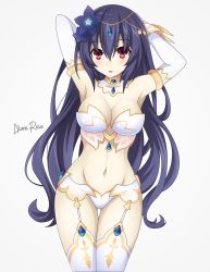 Rule 34 | 1girl, akane rose, armpits, bare shoulders, black hair, black heart (neptunia), breasts, choker, cleavage, confused, flower, hair ornament, hairclip, highres, leggings, long hair, medium breasts, neptune (series), noire (neptunia), open mouth, red eyes, shorts, solo, surprised, thighs, tsundere