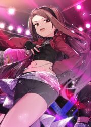 Rule 34 | 3girls, black gloves, black hair, black hairband, black shorts, blonde hair, brown eyes, brown hair, commentary, crop top, dancing, english commentary, fingerless gloves, from below, gloves, hairband, hand on own chest, hand on own hip, highres, idolmaster, idolmaster million live!, idolmaster million live! theater days, long hair, looking to the side, maihama ayumu, midriff, minase iori, multicolored hair, multiple girls, nagayoshi subaru, nail polish, open mouth, pink hair, ponytail, red nails, shennai misha, short shorts, shorts, sparkle, stage, sweat