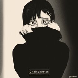 Rule 34 | 1girl, absurdres, album cover redraw, chainsaw man, character name, copyright name, covered mouth, deliberd, derivative work, gradient background, hair ornament, hairclip, higashiyama kobeni, highres, monochrome, ohnuki taeko, single sidelock, sleeves past wrists, sweater, swept bangs, tagme, turtleneck, turtleneck sweater, twitter username