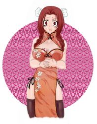Rule 34 | 1girl, breast tattoo, breasts, china dress, chinese clothes, cleavage, cleavage cutout, clothing cutout, double bun, dress, fairy tail, flare corona, large breasts, long hair, looking at viewer, nukikun, open mouth, red eyes, red hair, scar, solo, tattoo