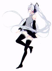 Rule 34 | 1girl, arm tattoo, black footwear, black skirt, black sleeves, blue eyes, blue necktie, boots, closed mouth, collared shirt, detached sleeves, floating hair, from side, full body, grey shirt, hatsune miku, headphones, highres, long hair, long sleeves, miniskirt, necktie, p2 (uxjzz), pleated skirt, profile, shirt, silver hair, simple background, sketch, skirt, sleeveless, sleeveless shirt, solo, standing, standing on one leg, tattoo, thigh boots, thighhighs, very long hair, vocaloid, white background, wing collar, zettai ryouiki