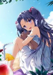 Rule 34 | 1girl, absurdres, barefoot, blue hair, blue sky, clannad, cloud, commentary request, day, hugging doll, dress, drink, hair bobbles, hair ornament, highres, ichinose kotomi, long hair, looking at viewer, nyanya, hugging object, outdoors, purple eyes, second-party source, sky, solo, strap slip, stuffed animal, stuffed toy, sundress, teddy bear, two side up, white dress