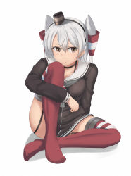 Rule 34 | 1girl, amatsukaze (kancolle), blush, breasts, brown eyes, butter curry, cleavage, closed mouth, collarbone, garter straps, grey hair, highres, kantai collection, long hair, long sleeves, looking at viewer, medium breasts, red thighhighs, simple background, sitting, smile, solo, thighhighs, thighs, twintails, two side up, white background